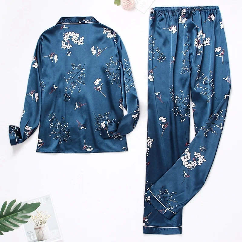 Spring Autumn pajama women Silk Satin pajamas set Long sleeve Shirt with Trouser Sleepwear Loungewear Female Pyjamas Suits Mujer