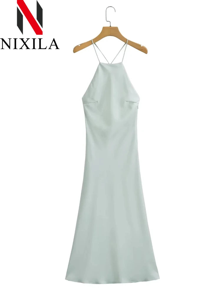 New Spring Summer Women's Maxi Dress Satin Feeling Sleeveless Dress European American Style Banquet Sexy Dress Evening Dresses