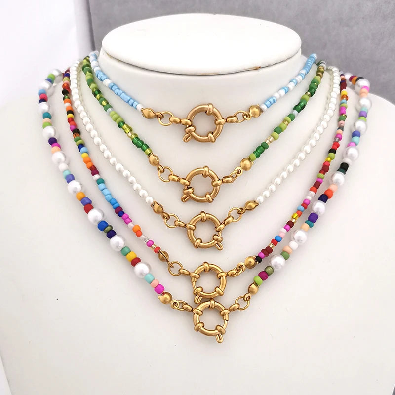 Imitation Pearl Necklace Women Choker Seed Beads Rainbow Stainless Steel Spring Clasp Sailor Buckle Base Chain Gold Color Boho
