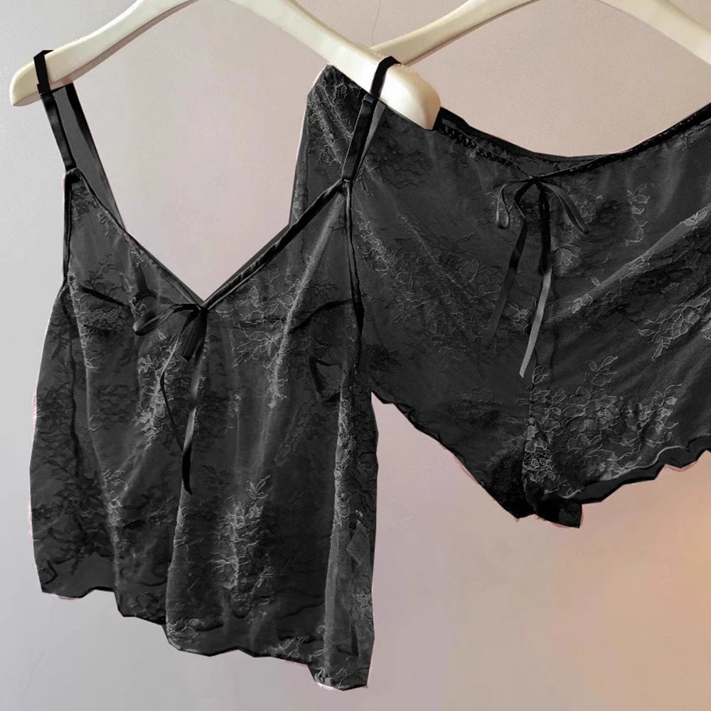 Women Harness Pajama Suspender Shorts For Women Sexy Sheer Pajamas Set Lingerie Pyjamas Shorts Set Perspective Lace Sleepwear