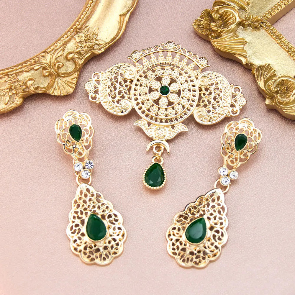 Elegent Arabic Morocco Women Hollow Filigree Brooch Drop Earring Sets Gold Color Bridal Wedding Jewelry Crystal Bijoux