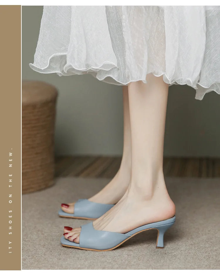 Genuine Leather French Slim Heel Slippers for Women's Summer New Fashionable Sandals Women Sweet Round Toe Slipper Ladies Shoes