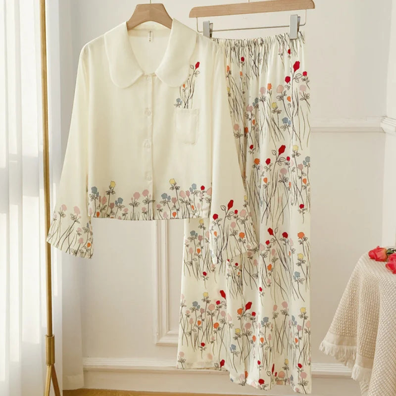 Female 2PCS Pajamas Set Spring Summer Print Flower Sleepwear Long Sleeve Trouser Suits Sweet Loose Satin Home Clothes Loungewear