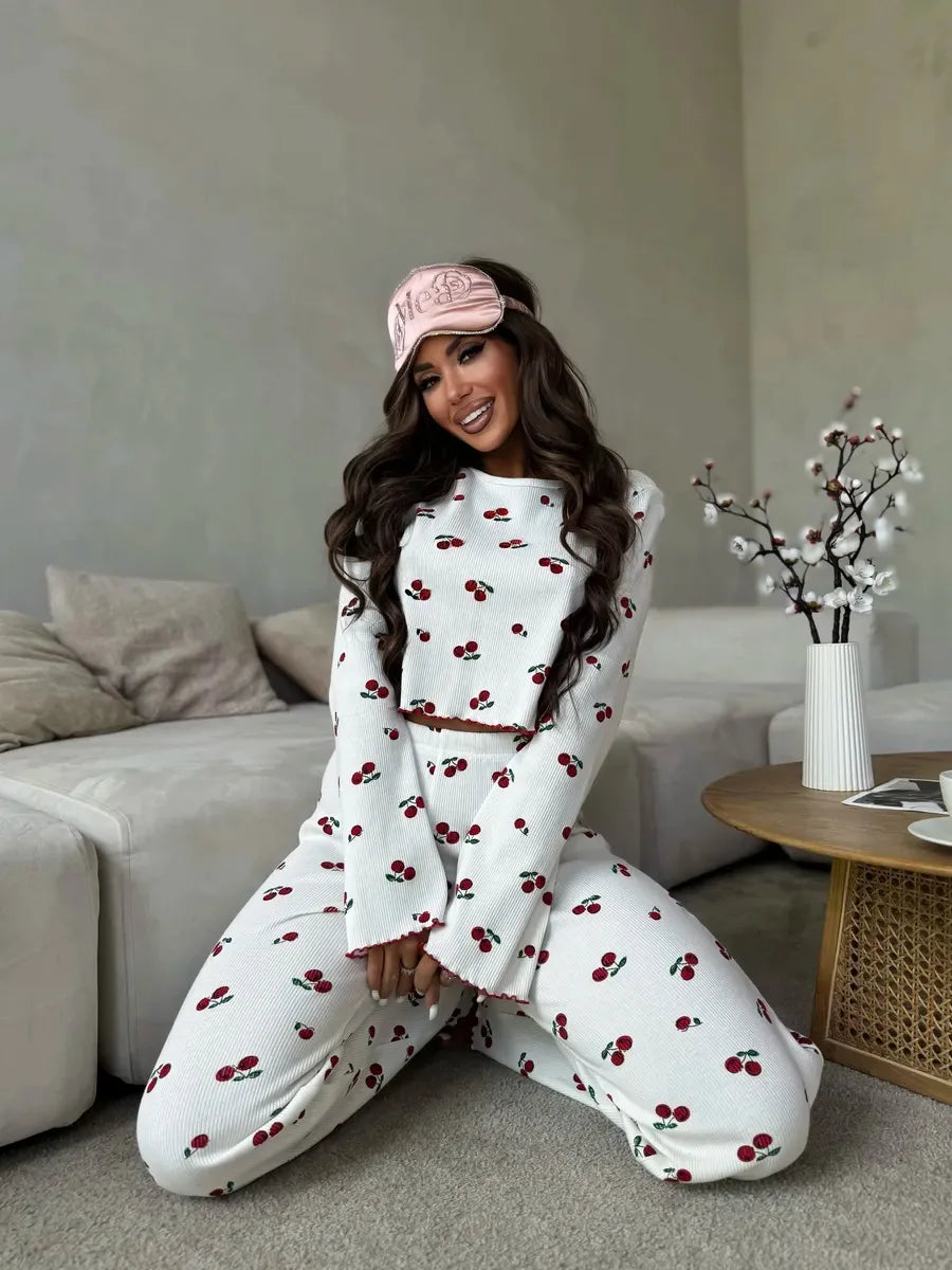 Autumn Winter Pajama Set Women 2pcs Y2K-Style Cherry Print Cuffed-Long-Sleeve Tops and Long Trousers Sleepwear Homewear