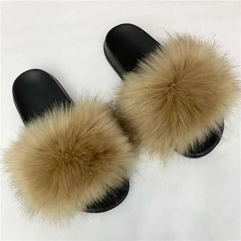Ladies Fluffy Slippers Summer Women Faux Fur Soft Slides Stylish Open Toe Sandals Outdoor Indoor Furry Comfortable Beach Shoes