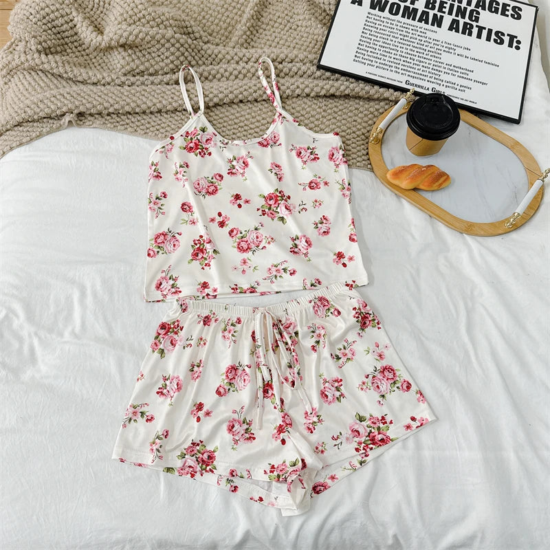 Summer Elegant Floral Print Sleepwear Women Sexy Ultra-Thin Vest and Shorts Comfortable Loungewear Breathable Nightwear HomeWear
