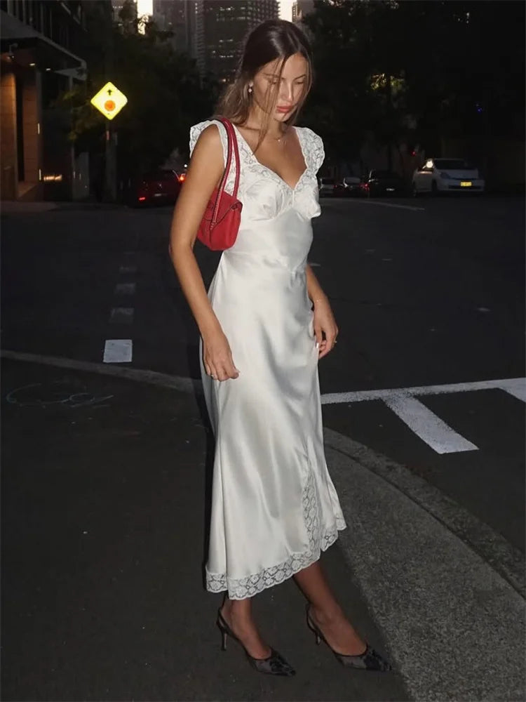 Tossy Fashion Satin Lace Long Dress Women V-Neck Patchwork Hollow Out Sleeveless Lace-Up Dress Evening Female Autumn Maxi Dress