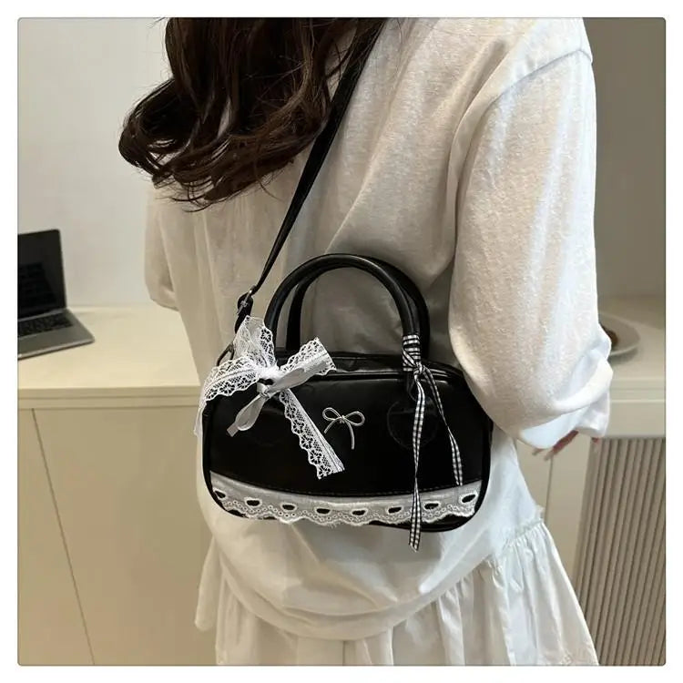 Simple Elegant Handbag Boston Shoulder bag Lace Ribbon Bow Decor Crossbody Bag Small Square Bag Casual Women Bags ﻿
