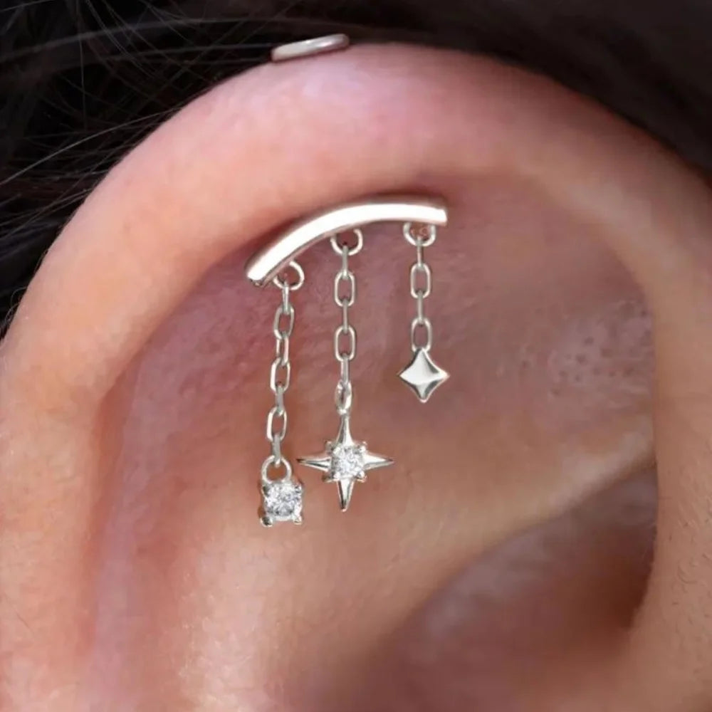 CANNER 1PC 925 Sterling Silver Eight-pointed Star CZ Piercing Earring For Women Ins Tassel Chain Stud Earring Party Fine Jewelry