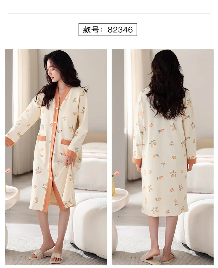 Big Size M-5XL Spring and Autumn Women Nightdress With Chest Pad Femme Knited Cotton Nightwear Floral Nightgown