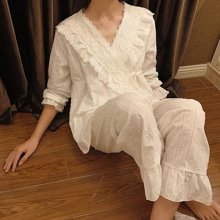 3 Colors Women's Princess Flower Embroidered Lace Pajama Sets.Vintage Lace up Pyjamas Suit.Ladies Home Sleepwear Nightclothes