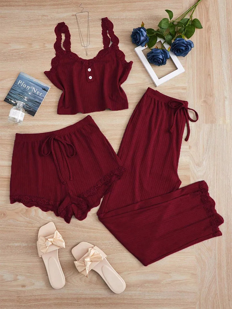 New 2025 Women's Summer 3PCS Pajama Sets Solid Vest Shorts and Pants Paired with Lace Splicing for Homewear Sexy Sleepwear Sets