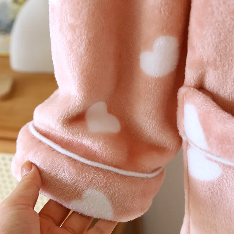 Autumn Winter Female Robe Thicken Flannel Bathrobe Kimono Sleepwear with Pocket Cute Print Sweet Heart Home Dress Lounge Wear