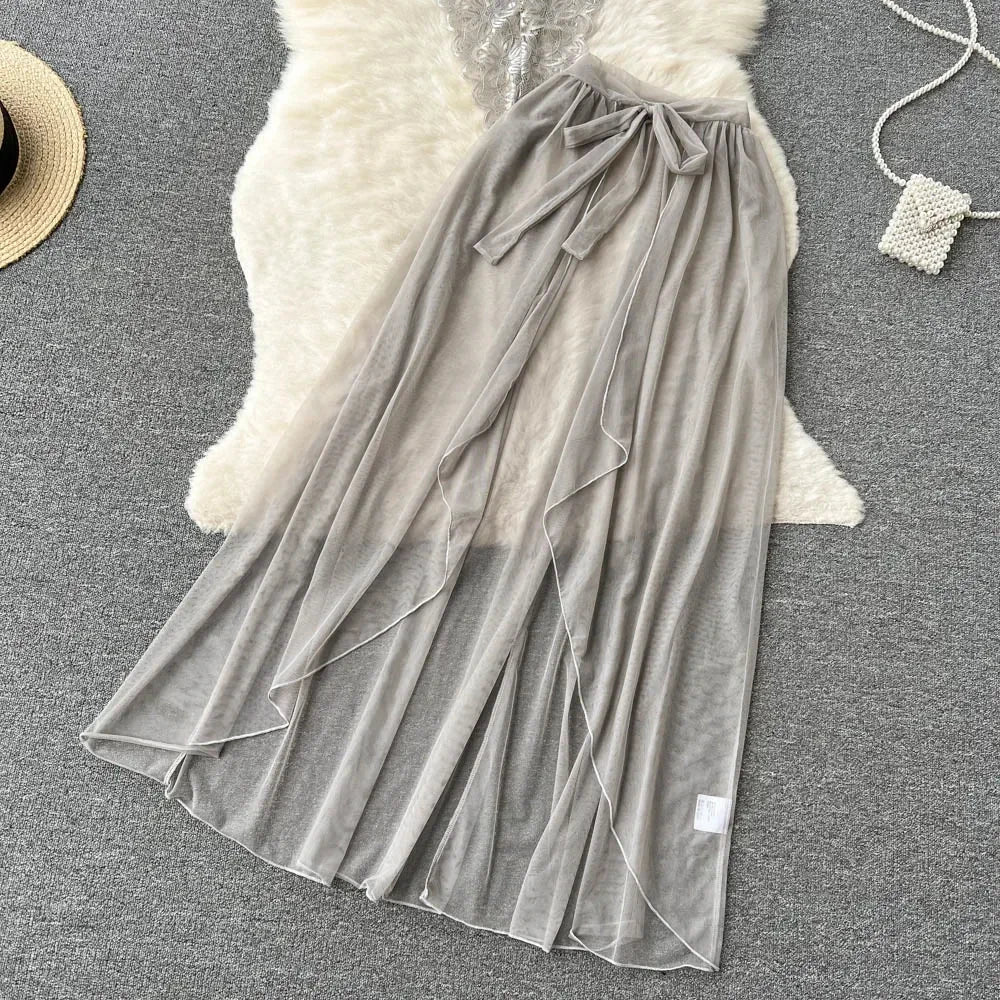 new Women's Multicolour Transpar Sexy Charming Flowing Mesh Long Skirt With Girls V-neck Lace Hollowed out Flower Top Two Pieces