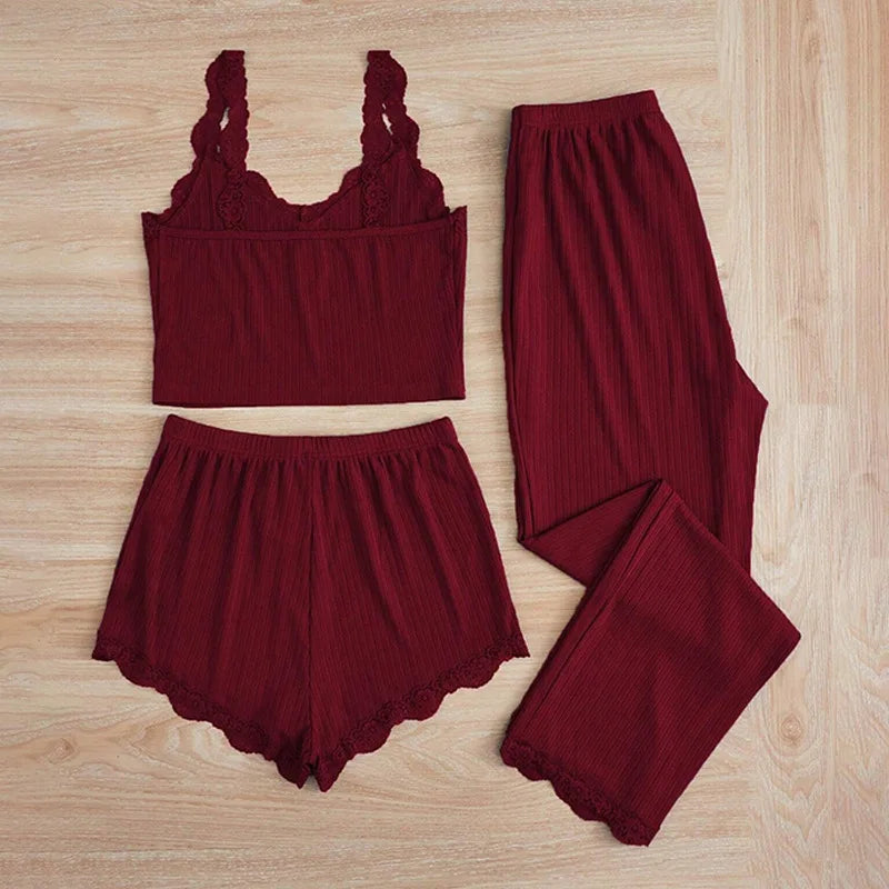 New 2025 Women's Summer 3PCS Pajama Sets Solid Vest Shorts and Pants Paired with Lace Splicing for Homewear Sexy Sleepwear Sets