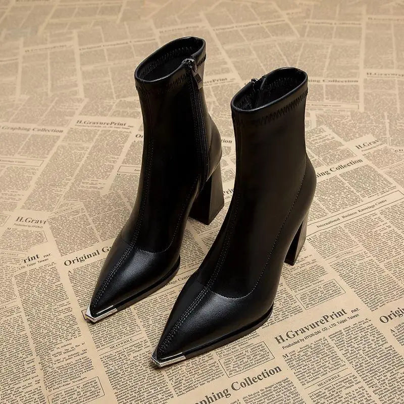 Brand Pu Black Ankle Boots 2025 Autumn French Retro Pointed Toe High Heel Chelsea Boots Metal Decoration Designer Short Booties
