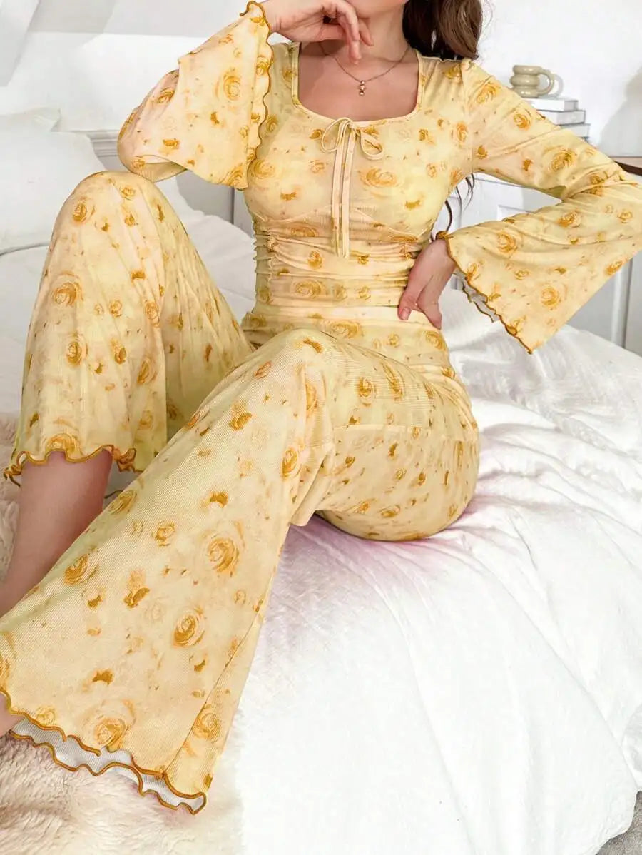 Women Pajama Sets Casual Pajamas Flower Print Long Sleeve High Waist Pants Loungewear Two-piece Set Can Be Worn Outside Pijamas