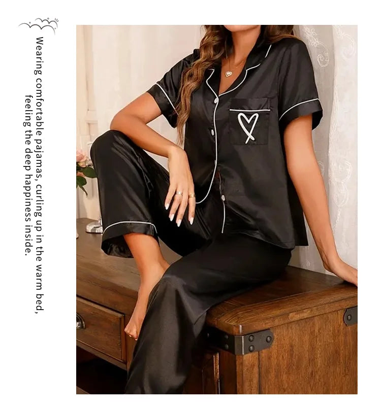 Luxurious Satin Pajama For Women 2 Piece Pjs Set Pocket Heart Embroider Sleepwear Autumn Long Sleeve Tops & Pants Pyjama Female