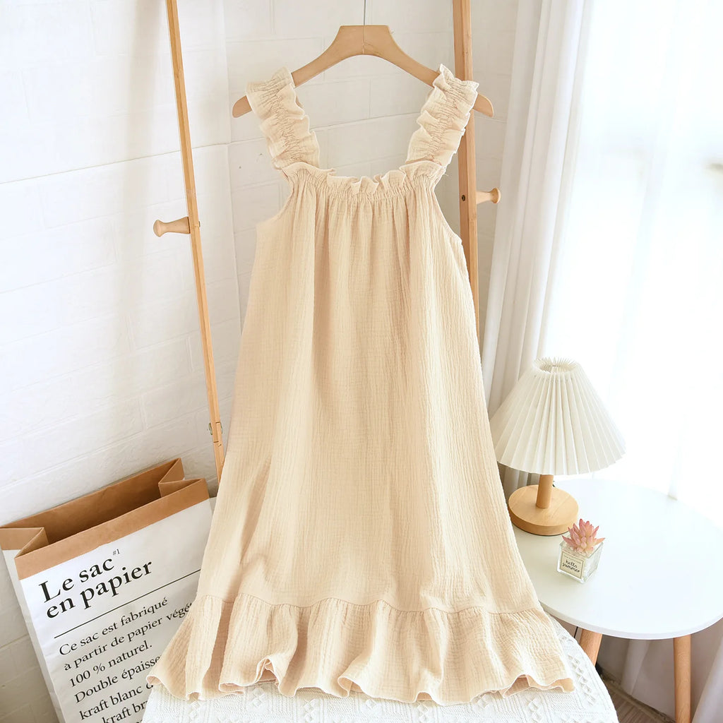 2026 new women's summer cotton yarn, pure cotton suspender sleepwear loose medium to long sweet and cute long skirt home wear