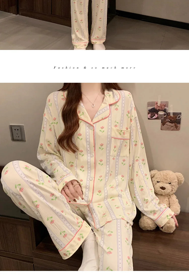 Spring and Autumn New Women's Fresh Flowers Long-Sleeved Pajamas Homewear Suit Leisure Pajamas Thin Section Homewear Pajamas Set