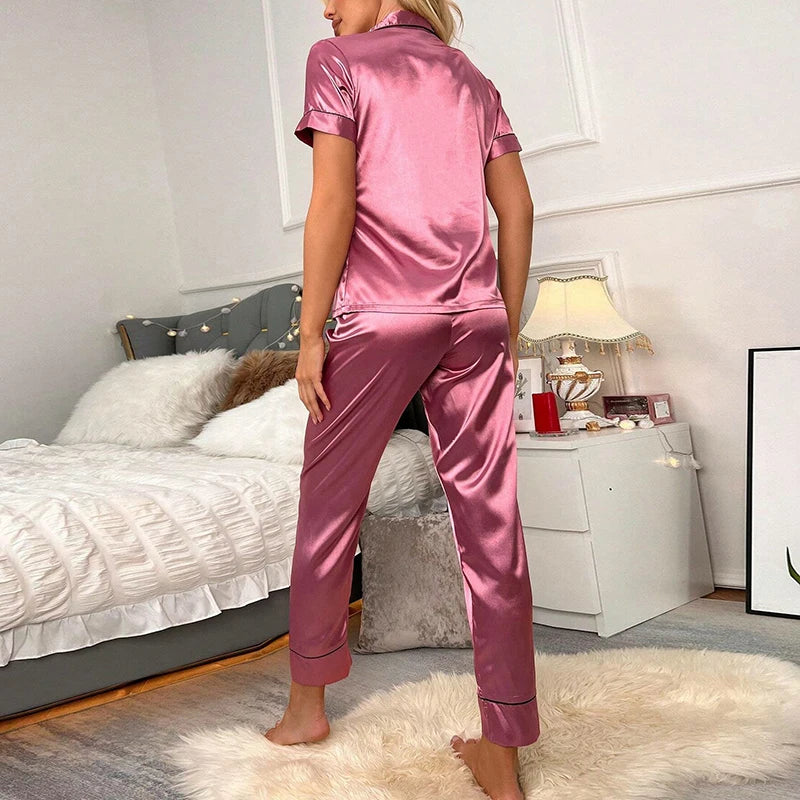 Spring Autumn pajama women Silk Satin pajamas set Long sleeve Shirt with Trouser Sleepwear Loungewear Female Pyjamas Suits Mujer