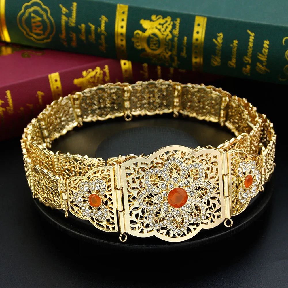 Sunspicems Moroccan Jewelry Sets For Women Gold Color Caftan Waist Chain Belt Orange Bead Choker Necklace Drop Earring Brooch