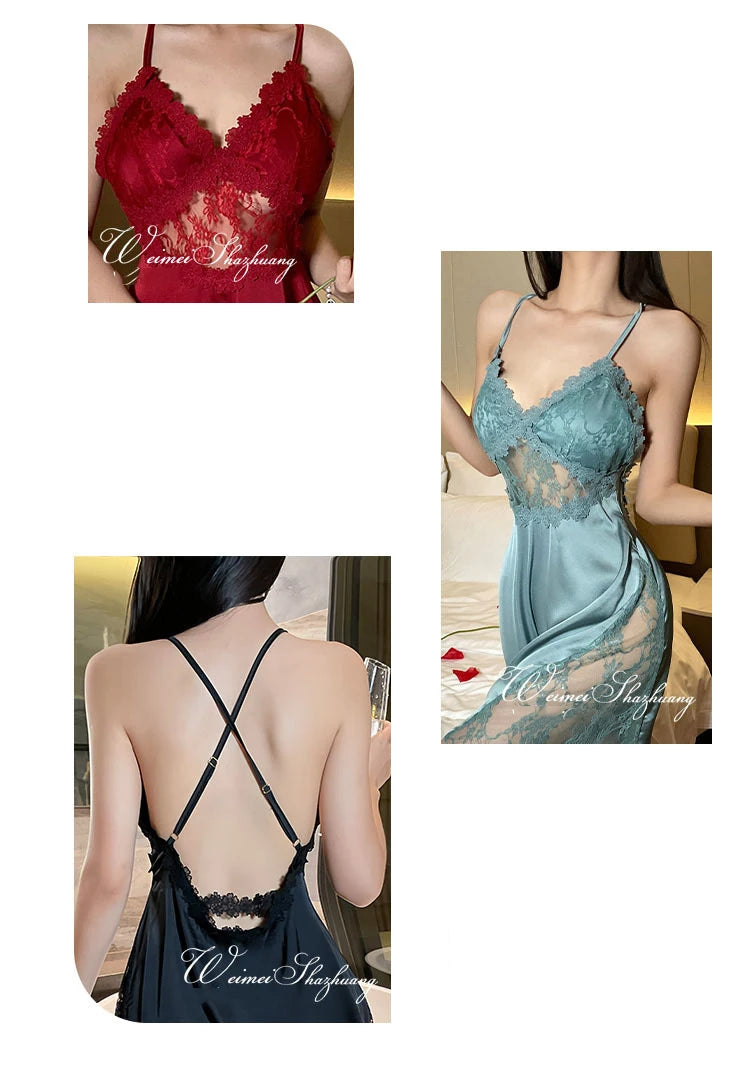 2025 new sexy camisole nightgown women's lace home sleepwear satin deep V backless luxury camisole sleepwear plus size red black