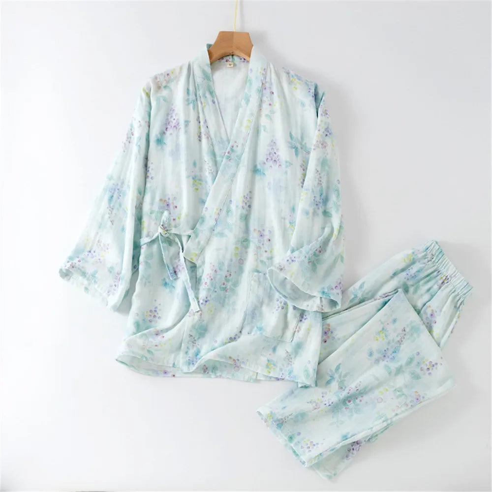 Autumn Sleepwear Women's Cotton Kimono Pants Print Floral Pajamas for Women 2 Pieces Outfit Loungewear