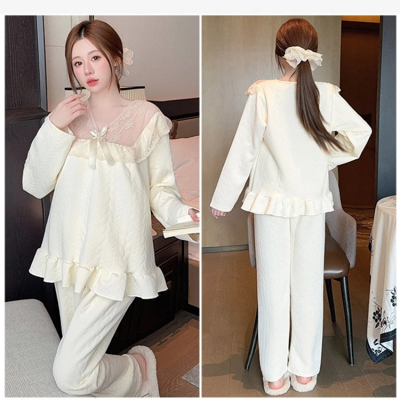 M-5XL Large Size Princess Sle Pajamas Set Women Autumn Long Sleeve Pants Home Clothes Lace Trim Solid Spwear Two Piece Set