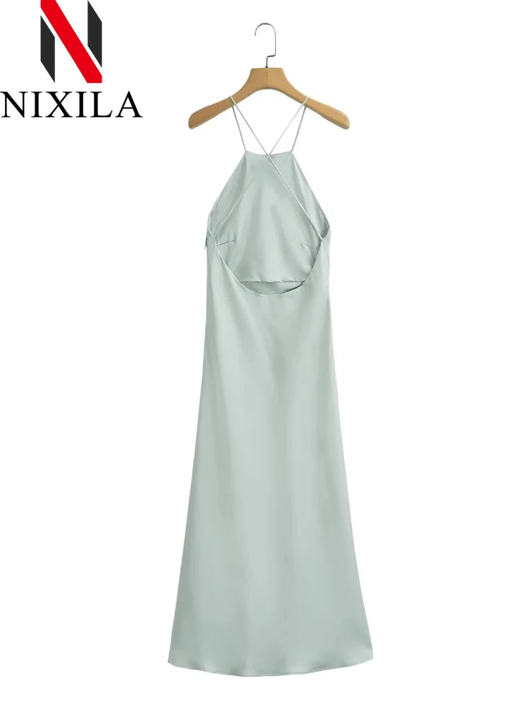 New Spring Summer Women's Maxi Dress Satin Feeling Sleeveless Dress European American Style Banquet Sexy Dress Evening Dresses