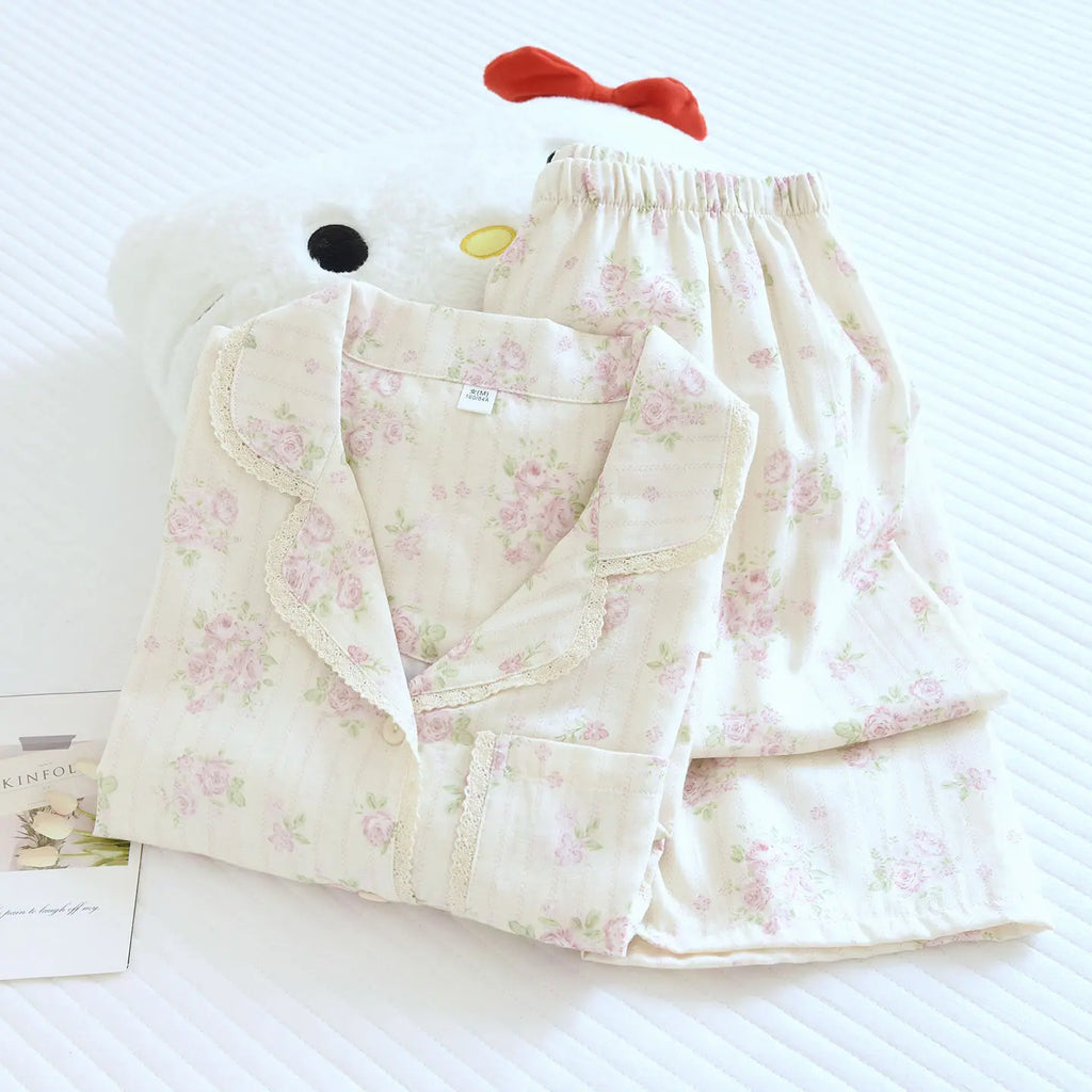 2026 New Spring/Summer Women's Pajama Set 100%Cotton Gauze Fresh Flower Collar Long Sleeve Two Piece Set Thin Loose Home Clothes