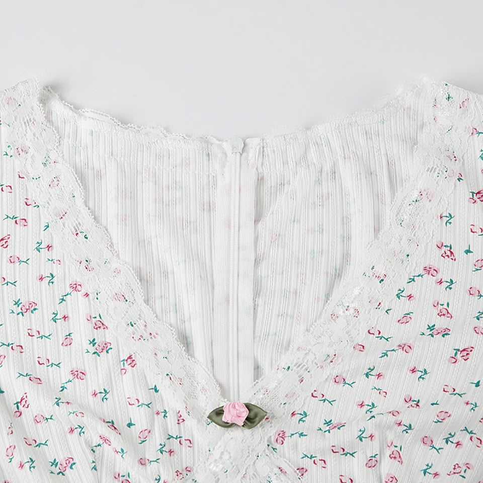 Floral Print V-neck Lace Trim Jumpsuit Knitted Long Sleeve Cute Aesthetic Y2K Bodysuit Rompers Homewear Women Casual Nightgowns