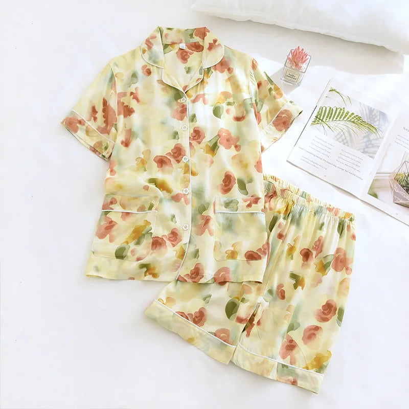Spring and autumn ladies cute cartoon floral viscose fiber pajamas two-piece long-sleeved home service cotton summer thin shorts
