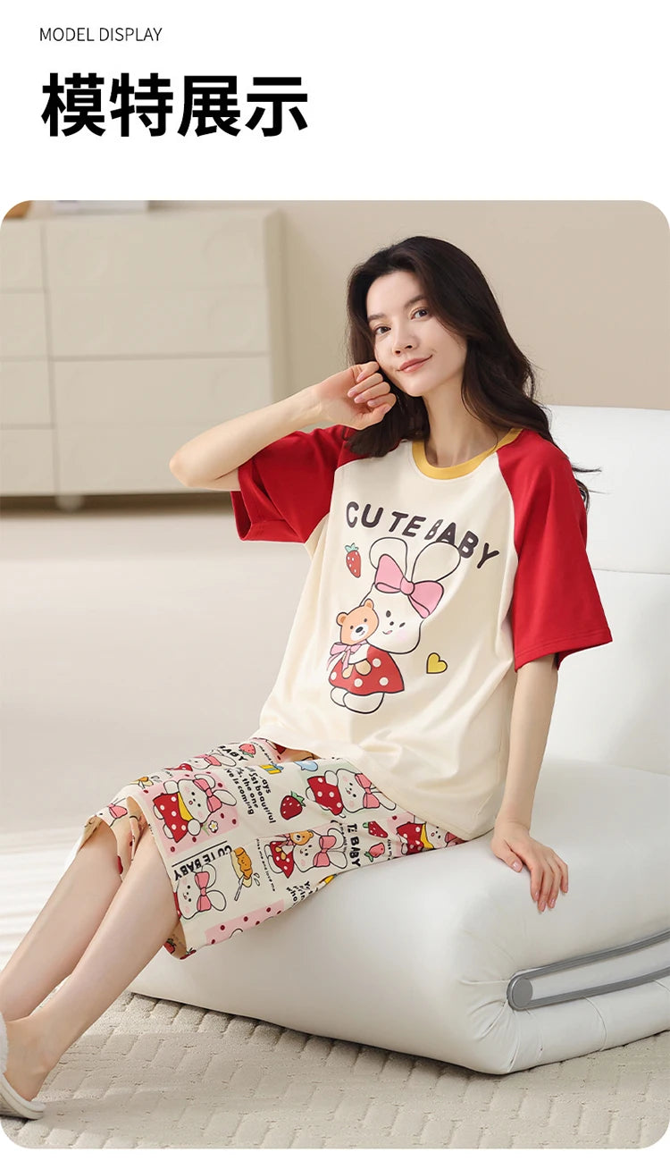 MiiOW 2Pcs Summer Women's Pajamas Set Cotton Short Sleeve Woman Homewear Cute Pink Patchwork Print Girls Pajamas Woman Sleepwear