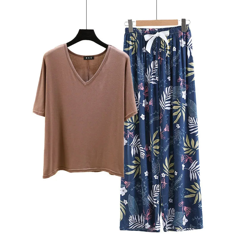 V Neck Tshirt with Poplin Floral wide leg pants summer cool pajamas sets Loose casual homewear suit Rayon Loungewear all match