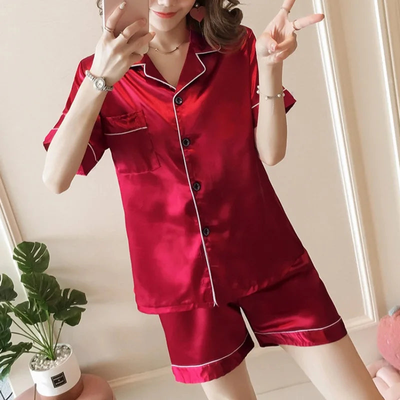 Women Silk Satin Pajamas Set Two-piece Pj Sets Sleepwear Loungewear Button-Down Pajama Women 2 Piece Pijama Homewear Shorts Set