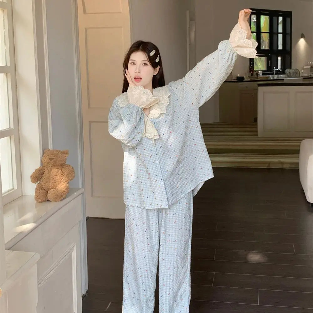 Korean Style Sweet Style Floral Pajamas for Women New Long Sleeve Long Pants Lace Trim Homewear Set Autumn Winter Loungewear Hot