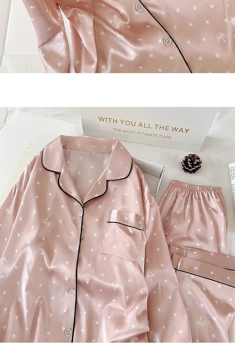 New Japanese-Style Sweet Girl Floral Print Ice Silk Pyjama Set Women's Spring/Autumn Long-Sleeved Top and Trousers Homewear Set