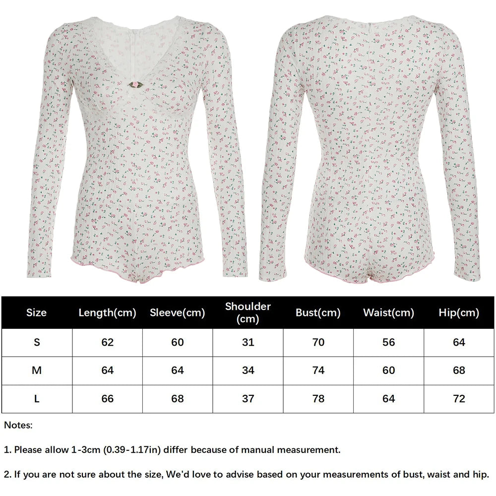 Floral Print V-neck Lace Trim Jumpsuit Knitted Long Sleeve Cute Aesthetic Y2K Bodysuit Rompers Homewear Women Casual Nightgowns