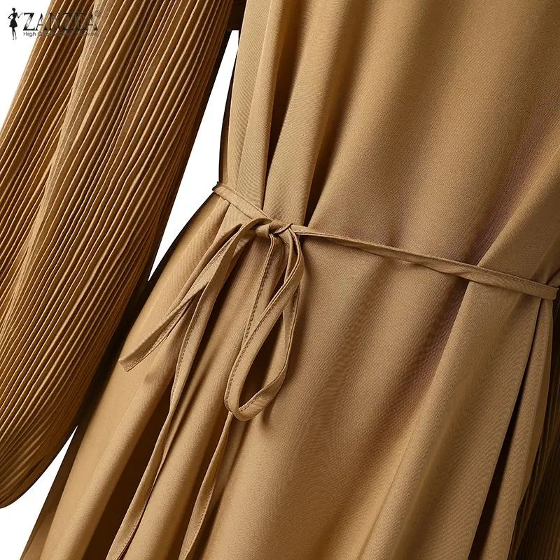 ZANZEA Modest Hijabs Abaya Long Dresses Women Muslim Ramadan O-Neck Pleated Lantern Sleeve Solid Color Ruffles A-Line Robes 3XL