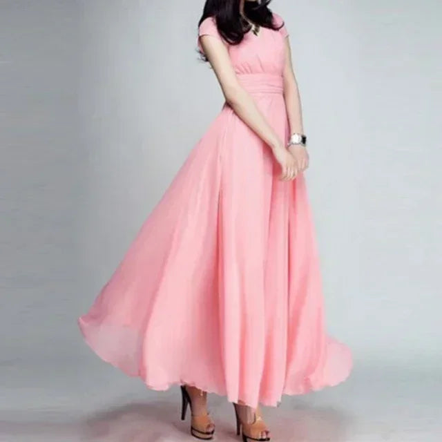 2026 Women's V Neck Short Sleeve Evening Party Dress Temperament Solid Colour Long Cocktail Chiffon High Waist Summer Dresses