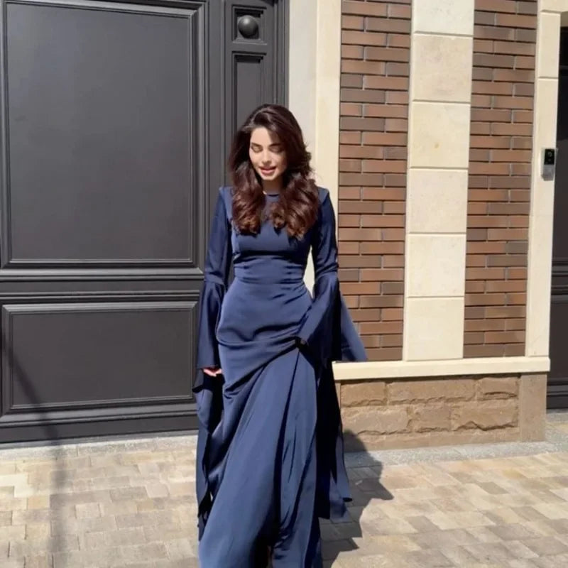 Women Cocktail Party Dress Big Swing Middle Eastern Long Floating Sleeves Slim Empire Lady Banquet Solid Maxi Clothing