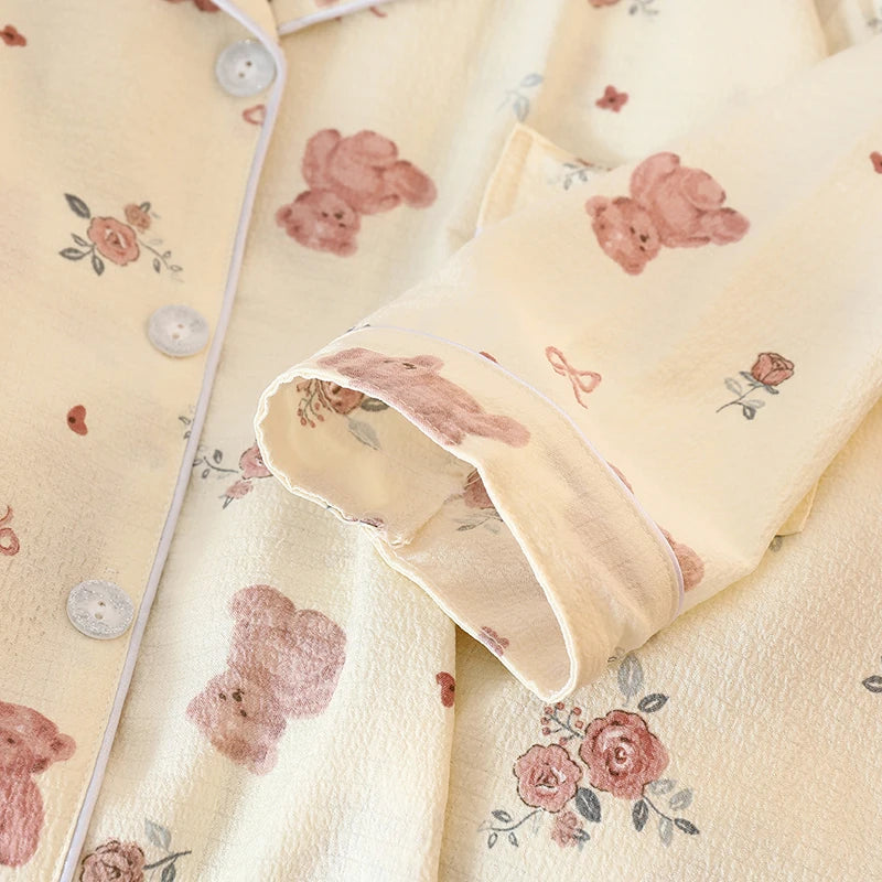 Women's Pajamas Set Y2K Cartoon Bear Flower Print Autumn Pajamas for Women Kawaii New Harajuku Style Casual Homewear Sleepwear