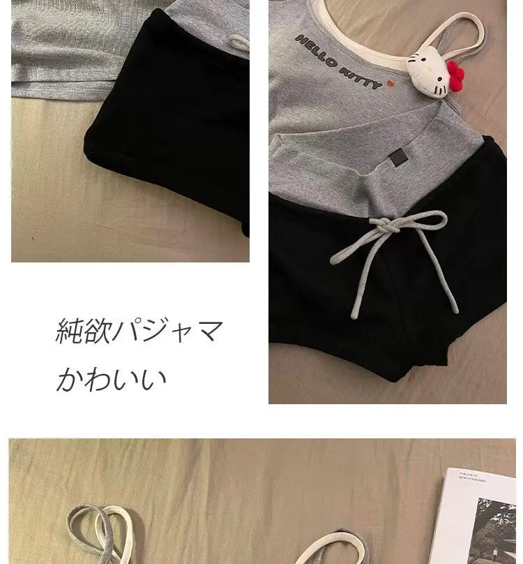 Cute Hello Kitty fake two-piece suspender shorts pajamas women's summer casual loungewear two-piece set can be worn outside