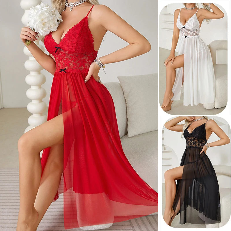Women Sexy Floral Lace Mesh Nightgown V-Neck Sleeveless High Slit Backless Slip Dress with Bowknot Suspender Lingerie Sleepwear