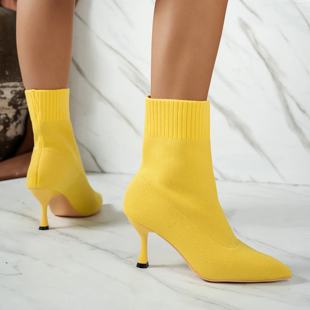 Spring Autumn Women Ankle Boots Slip-On Green Chelsea Boots Women Luxury Stretch Fabric Women Socks Shoes Pointed Toe High Heels
