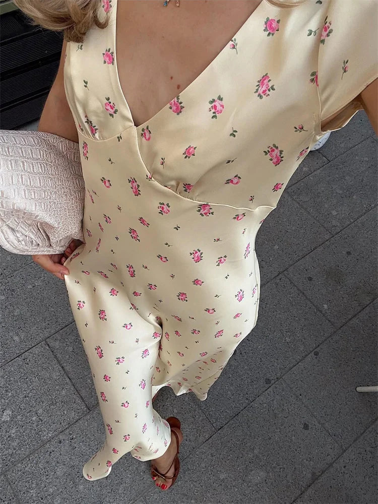 Tossy V-Neck Printed Fashion Long Dress Women's Elegant High Waist Slim Commute Contrast Party Dress Female Summer Maxi Dress
