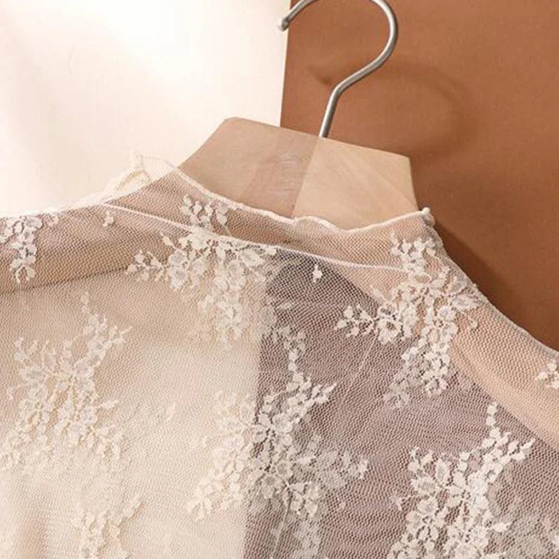 Sexy Floral Lace and Mesh Ruffle Nightgown Woman Sleep Tops Nightie Turtleneck Mesh Layering Top Y2k Floral Tee Shirts Blouse