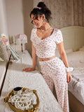 2026 New Women's Floral Print Short Sleeved Pants Two-Piece Set for Home Wear Can Be Worn Outside in Autumn and Winter Pajamas