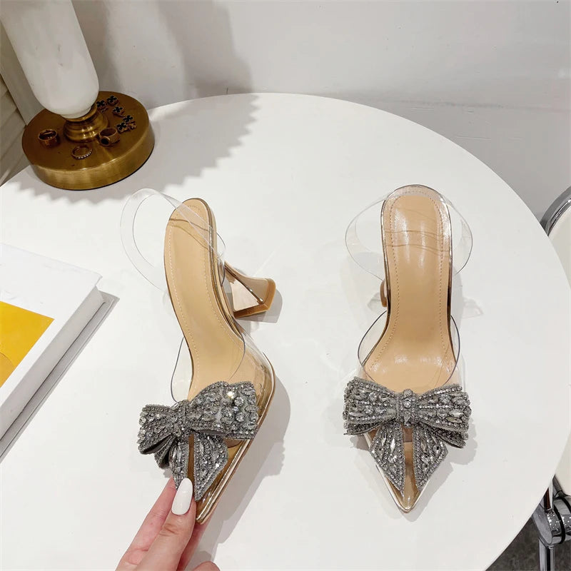 Liyke Fashion Crystal Sequined Bowknot Women Pumps Sexy Pointed Toe High Heels Wedding Prom Shoes Ladies PVC Transparent Sandals